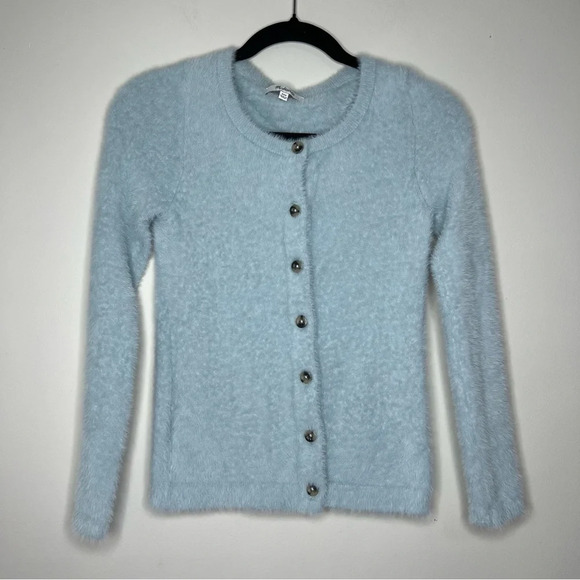 Madewell Baby Blue Fuzzy Faux Fur Button Down Cardigan sz XXS Y2K - Picture 1 of 6